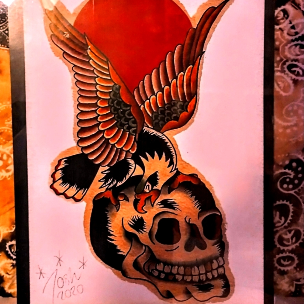 Traditional tattoo art print in custom frame.